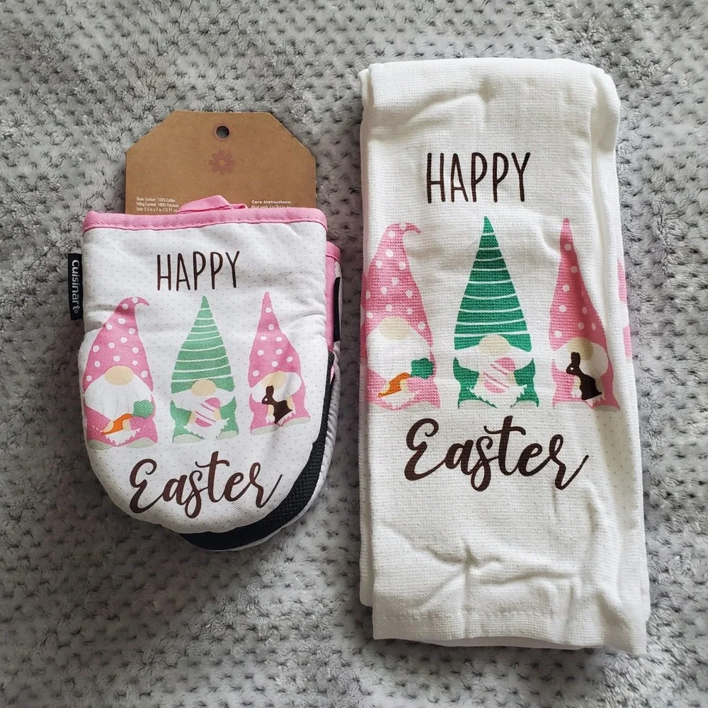 Cuisinart Easter Gnome Kitchen Set 2pk Towels & 2pk Mini Oven‎ Mitts Pink Spring
